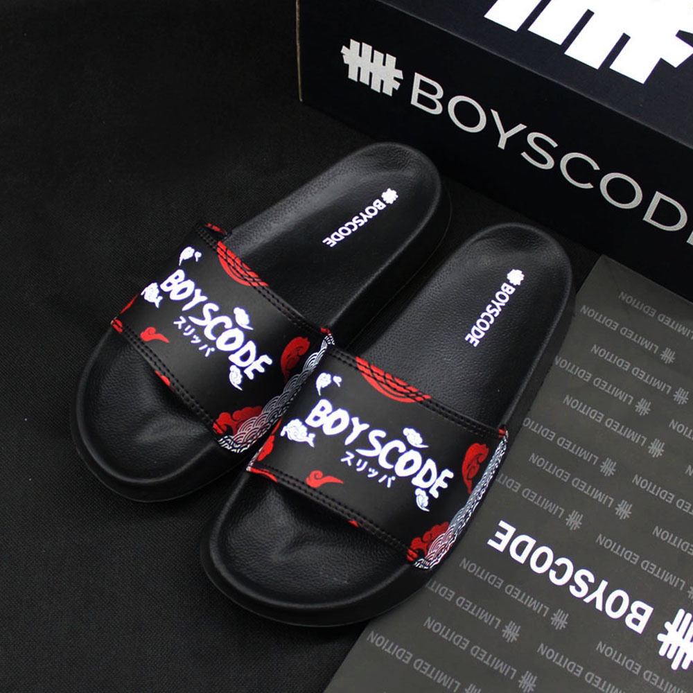 Sandal Selop Distro Pria Wanita Original BOYSCODE Akatsuki Cloud Hitam Merah / Sandal Slop Pria / Sandal Slide Pria