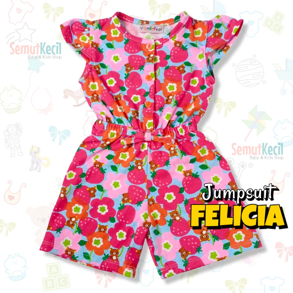 FELICIA 0-2,5 THN JUMPSUIT ANAK BAYI PEREMPUAN Jamsuit Jumsuit Pendek Kaos Pakaian Baju Anak Bayi Balita Bobo Kids-1E BluFloStberryBear