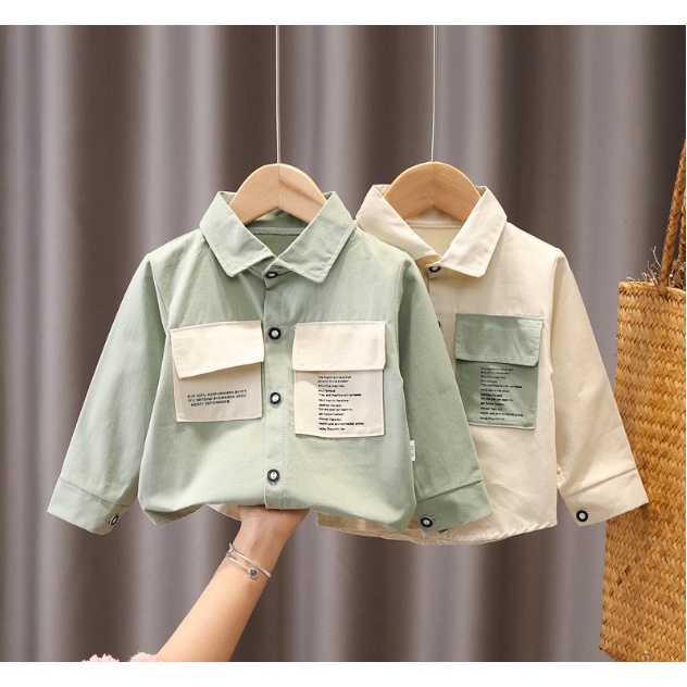 Kemeja anak cowok import Baju anak import atasan anak import baju anak KANTONG CREAM HIJAU