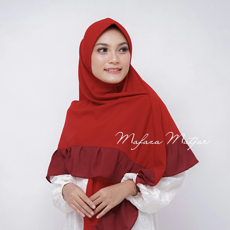 Jilbab Segitiga Instan Khimar Kombinasi Warna Merah - Merah Maroon Pad / Non Pad