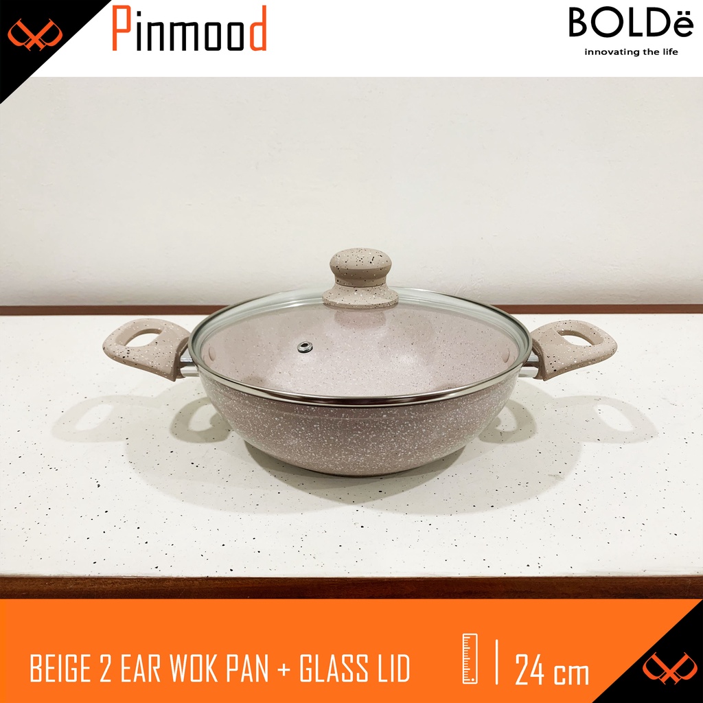 BOLDE BEIGE 2 EAR WOK 24 CM + GLASS LID / TUTUP KACA SUPER PAN COATING GRANITE PANCI PENGGORENGAN WAJAN ANTI LENGKET