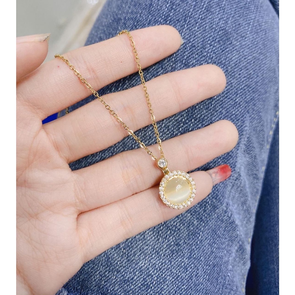 COD! kalung titanium wanita batu giok putih mutar anti karat / kalung liontin giok putih import