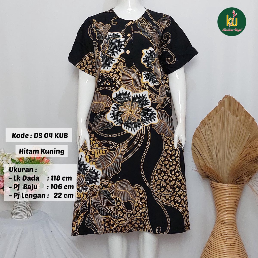 COD DS04 KUB | Daster Batik Kencana Ungu Asli Label Biru Uk. Jumbo LD 120 cm | Baju Santai Tidur Wanita Dewasa Kancing Depan Busui Friendly Motif Terbaru-Hitam Kuning