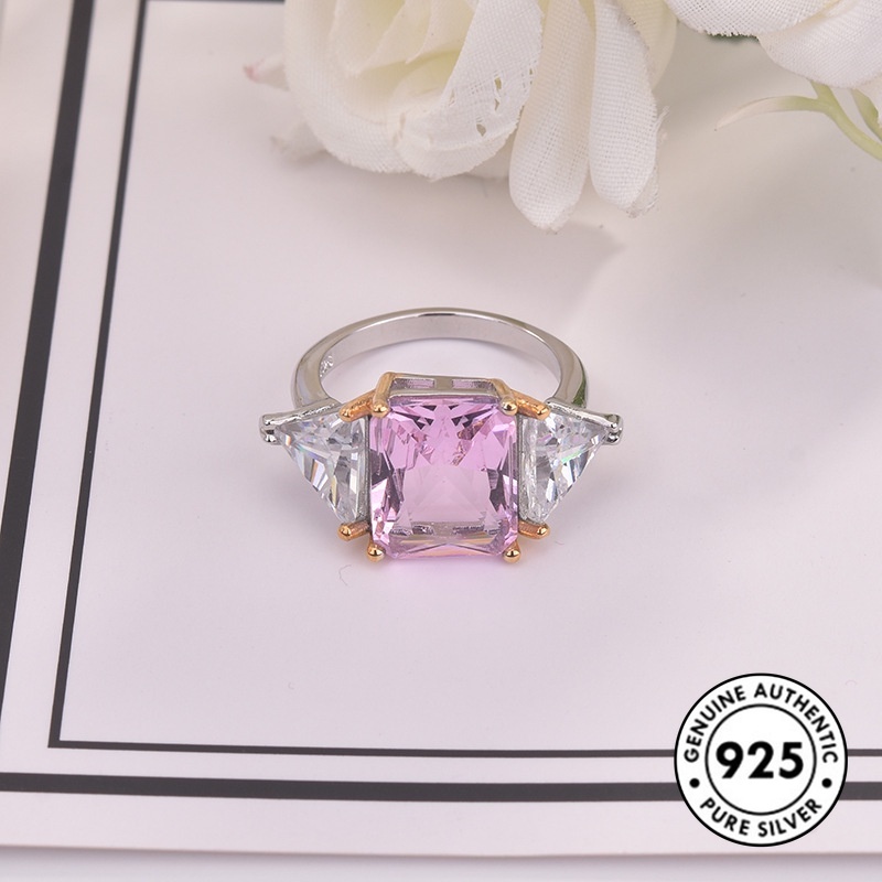 Cincin S925 Silver Bentuk Kotak Aksen Berlian Warna Pink