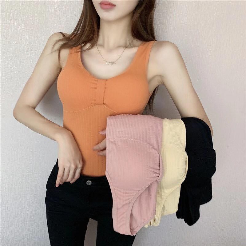 Tank Top Bra Pakaian Dalaman Wanita TankTop Panjang dengan Busa-Orange