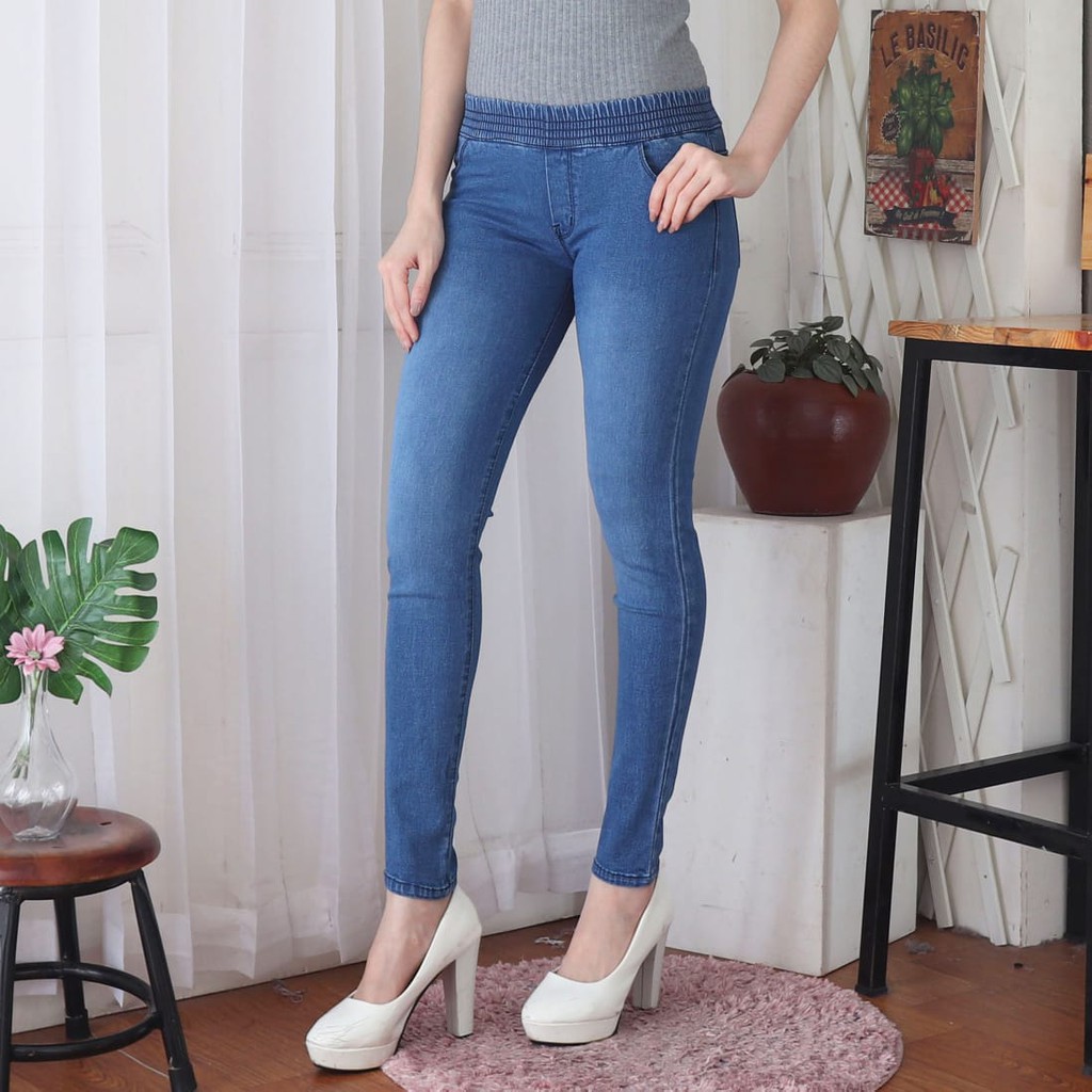 7C-G CELANA LEGGING JEANS PREMIUM BIRU JEANS /PINGGANG KARET /STREACH / 27 - 38