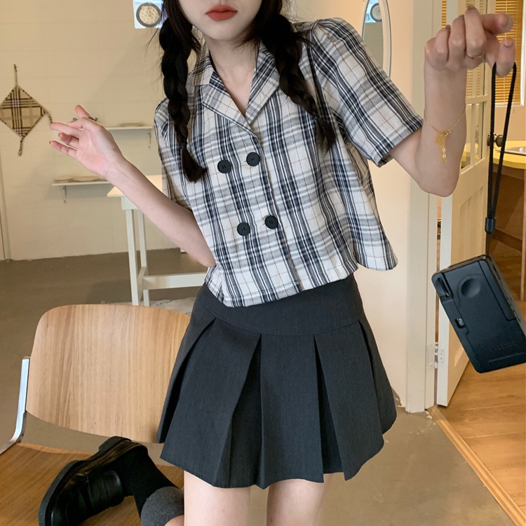 yikoo-Kemeja kotak-kotak kerah retro korea lengan pendek wanita