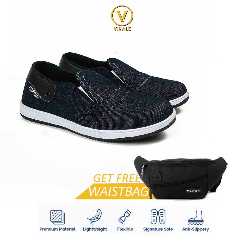 Sepatu Canvas Slip On Pria Casual CS 01 NAVY GRATIS Tas Selempang