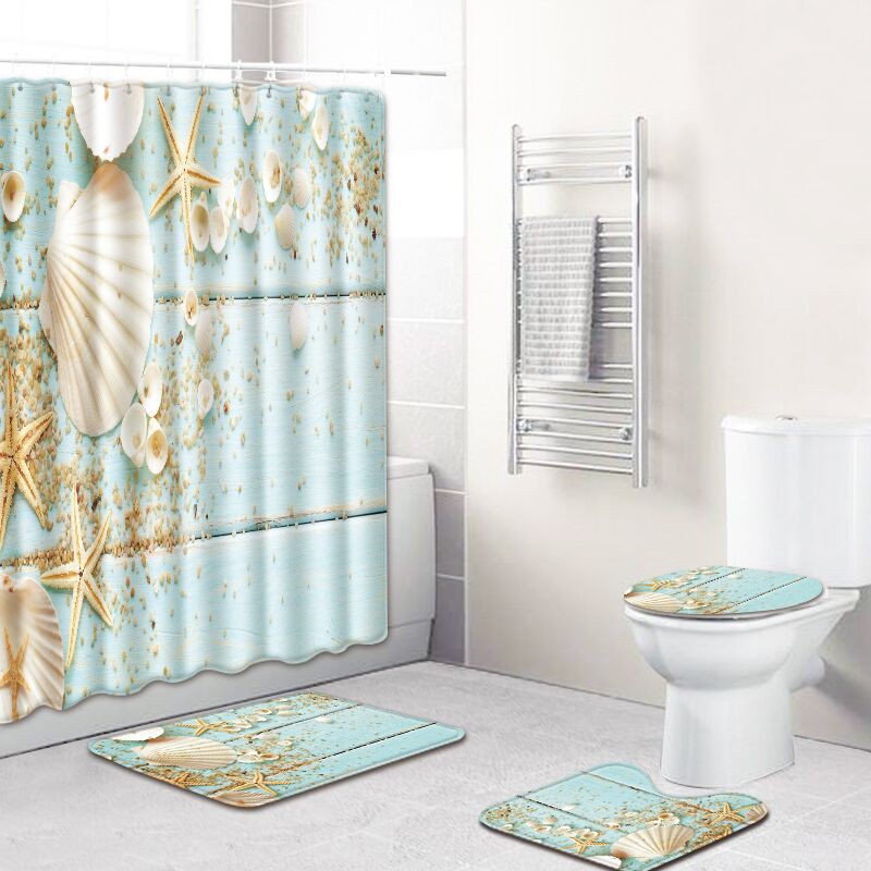 4pc Ocean Series Bathroom Shower Curtain Skidproof Toilet Non Slip