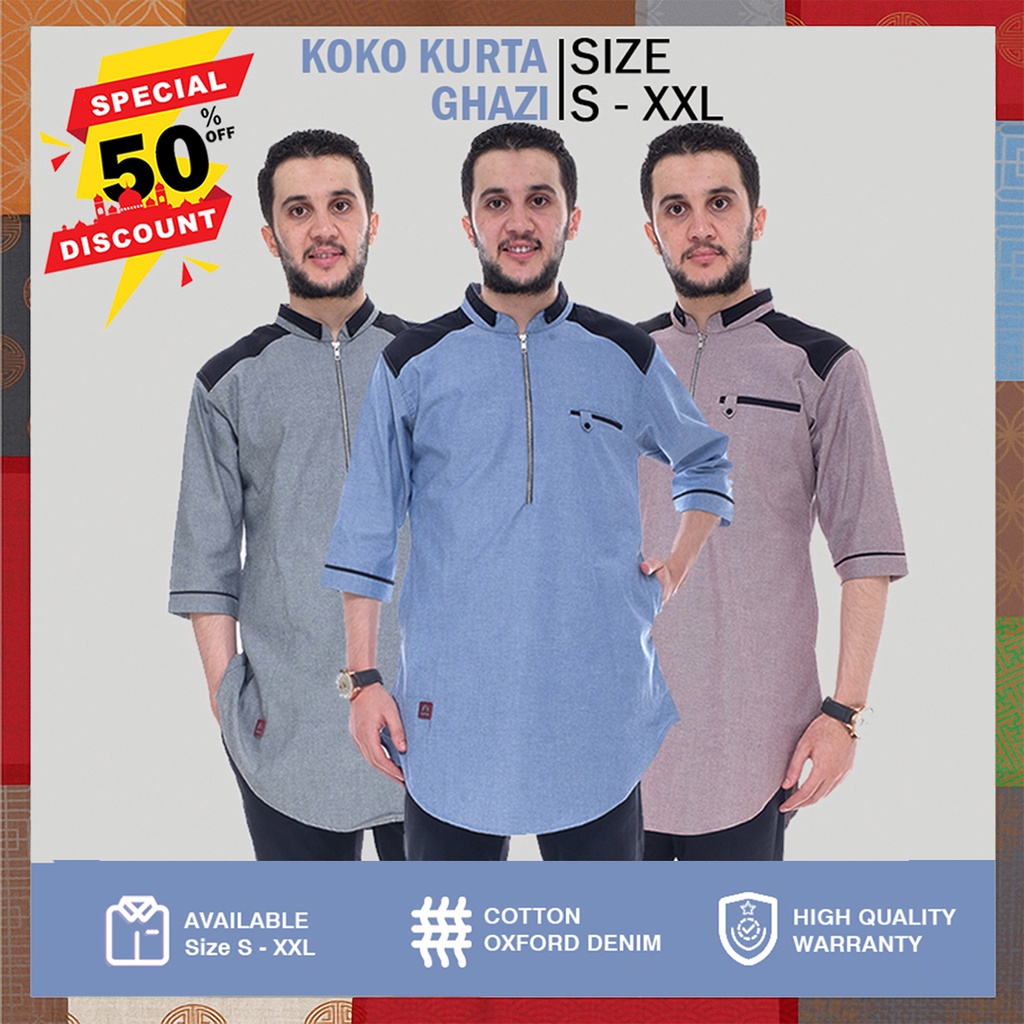 Baju Lebaran Koko Kurta Pakistan Muslim Pria Dewasa Lengan Pendek 3/4 Remaja Bahan Katun Oxford Prem