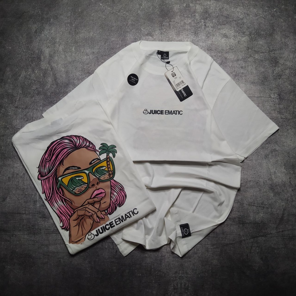 KAOS JUICE EMATIC PUTIH WANITA PANTAI  KAOS DISTRO PREMIUM TSHIRT JUICE EMATIC BAHAN COMBED 30S