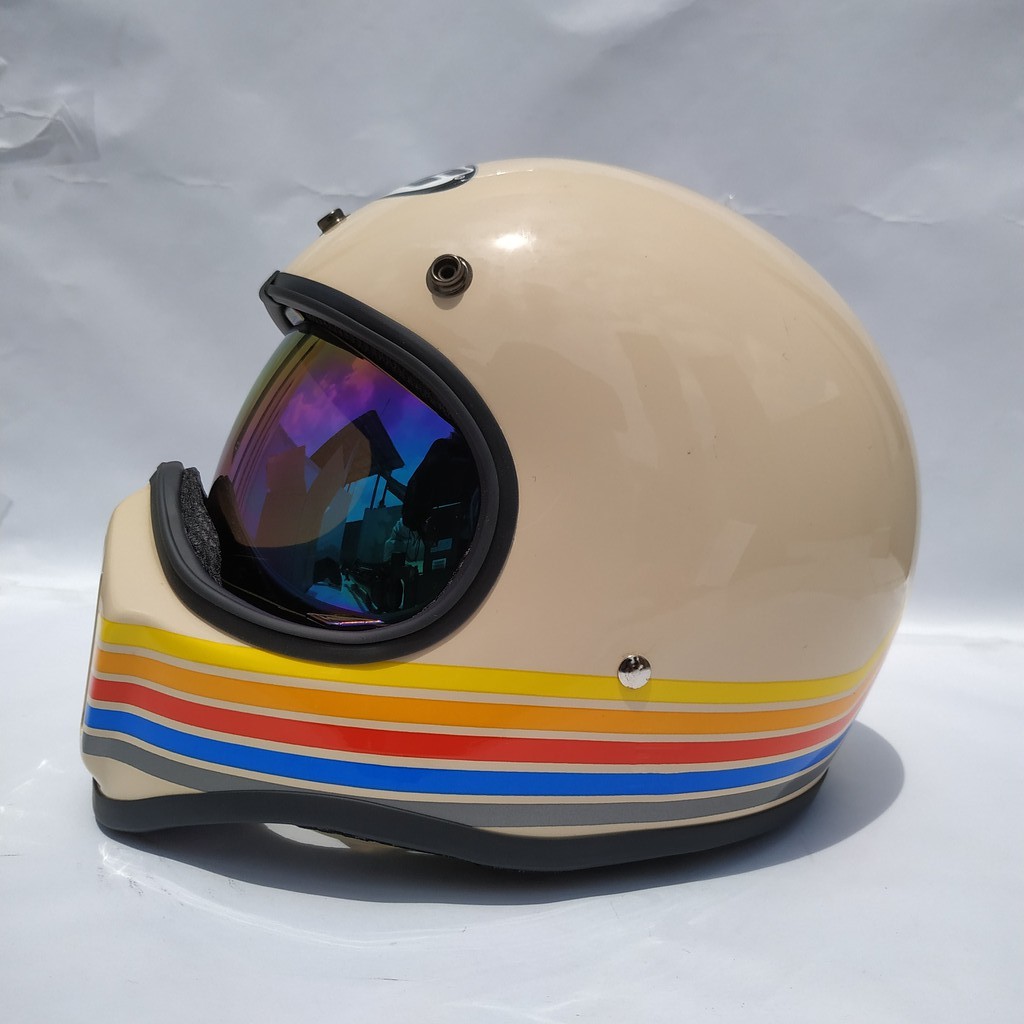 Helm Cakil HBC Stripe Cream Glossy + Inner Visor ( Fullface / Retro / Klasik / Vespa )