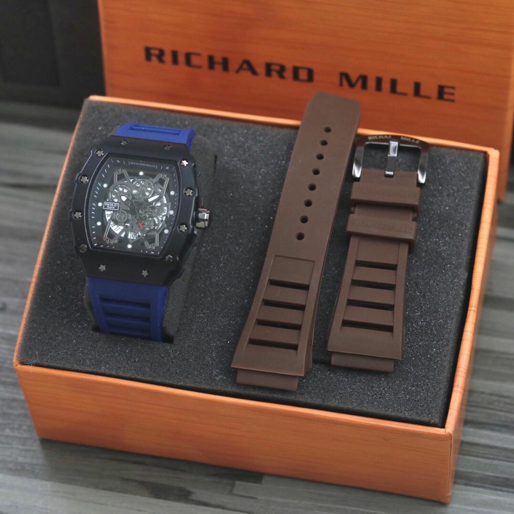 BEST SELLER JAM TANGAN PRIA RM O125 TALI RUBBER CHRONOGRAPH TANGGAL AKTIF DM 4.0CM FREE TALI &amp; BOX BATERAI CADANGAN || JAM TANGAN FASHION PRIA JAM COWOK MURAH RM R1CHARD