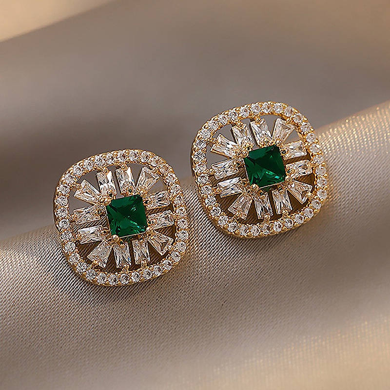 Fashion Geometric Hollow-out Micro-inlaid Zircon Rectangular Emerald Stud Earrings for Party Accessories