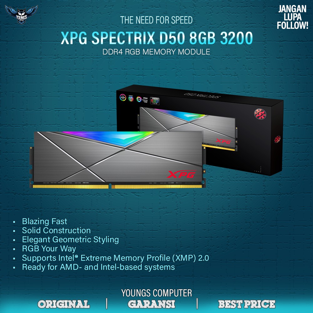 ADATA XPG SPECTRIX D50 RGB DDR4 8GB 3200 MHz SINGLE MEMORY RAM 3200MHz