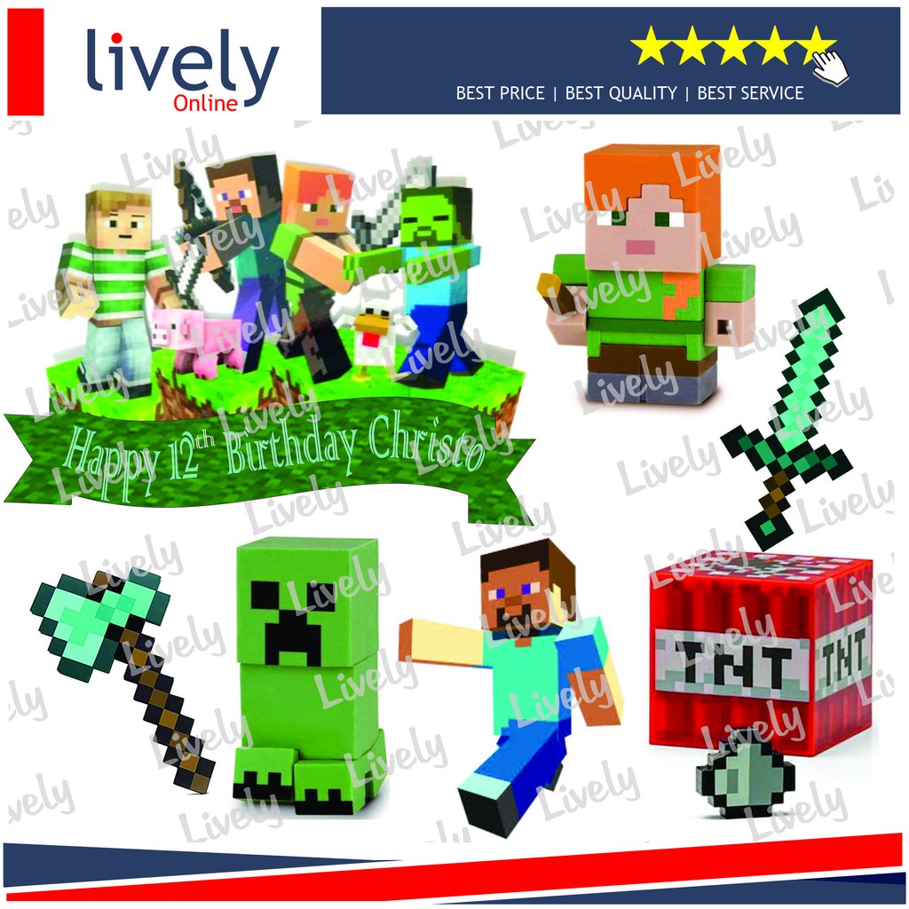 CAKE TOPPER KARAKTER HIASAN KUE HBD HAPPY BIRTHDAY CUSTOM NAMA MINECRAFT 03 set