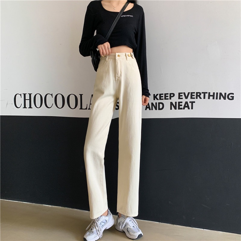 High Waist Celana Jeans Panjang wanita denim straight pants Korean style