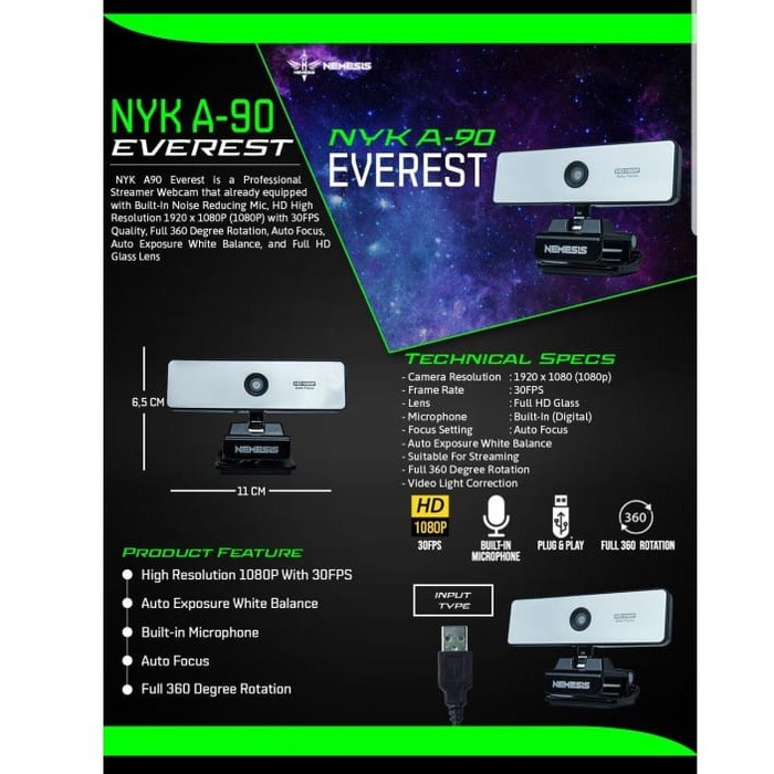 WebCam NYK Web Cam A90 1080p Streaming Zoom Auto Focus Everest Nemesis