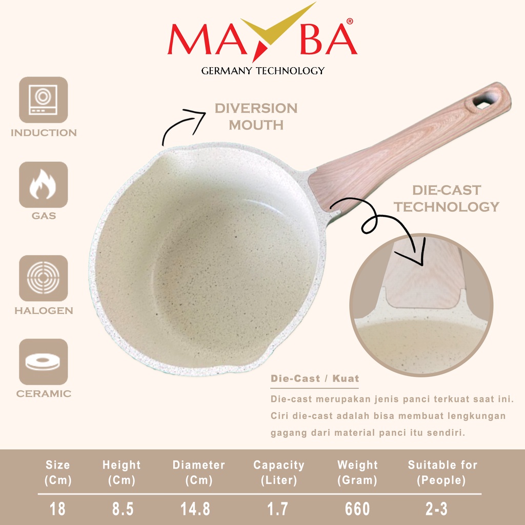 Panci Susu MAYBA Keramik Ceramic Milk Pot Mayba - PANCI SAUCE PAN INFINITY MAYBA GERMAN 18 CM Panci Susu Milkpan Set tutup kaca anti lengket Glowing granite Jerman