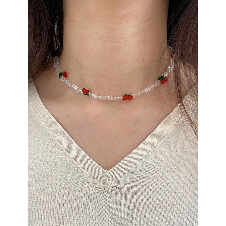 Kalung Choker Manik-Manik Ceri Merah Handmade Gaya Bohemia Untuk Wanita