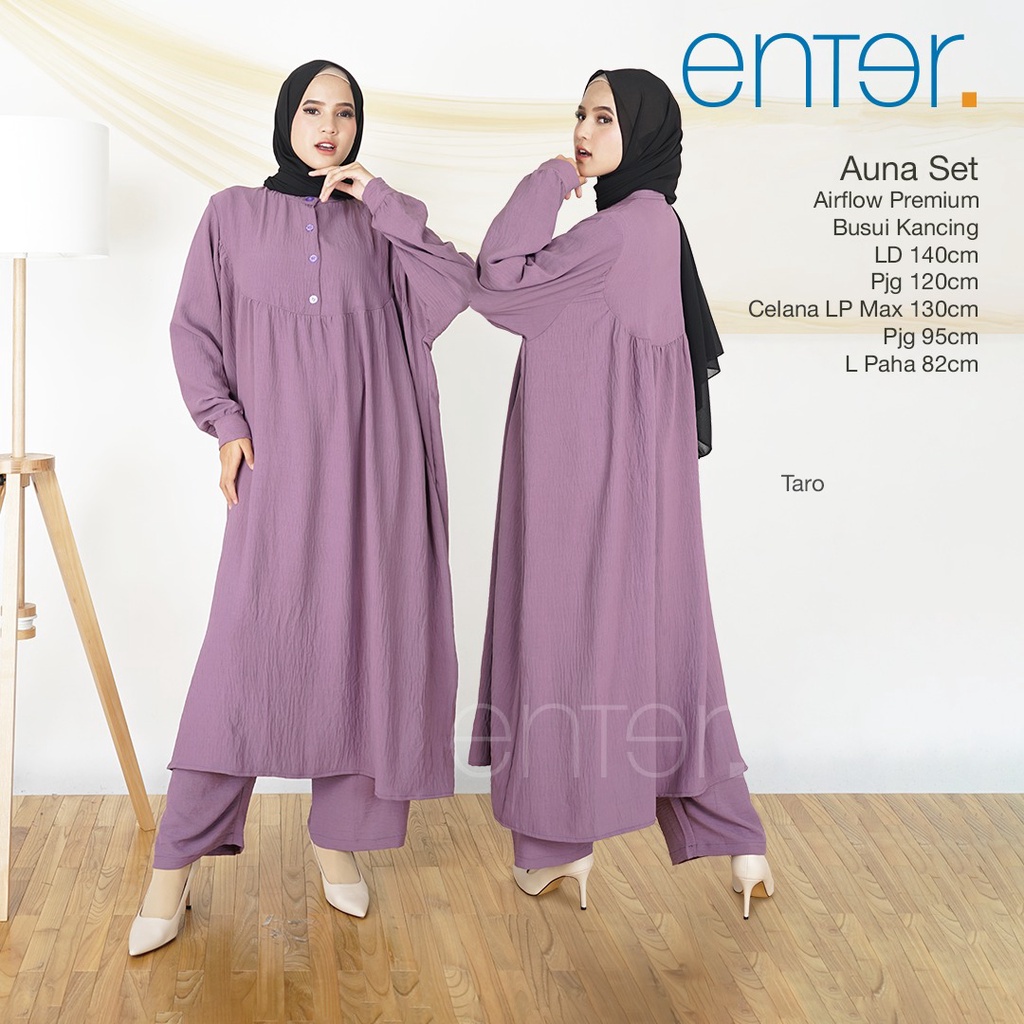Enter Auna Set Stelan Wanita Kekinian One Set Crinkle Airflow Baju Setelan Jumbo LD 140 Setcel Long Tunik Busui-3