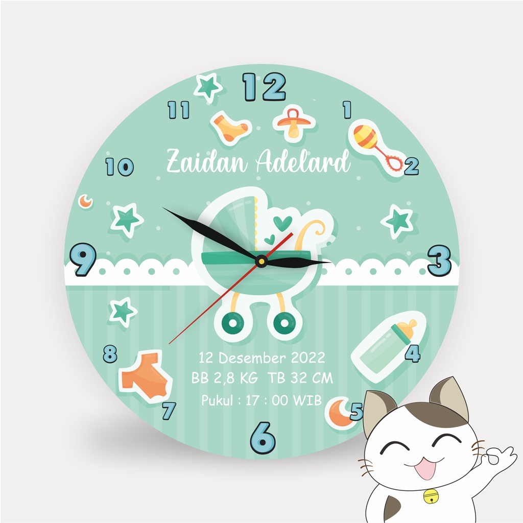 Jam Dinding Custom Nama Hadiah Kelahiran Bayi Duduk 20CM Kado Baby Born Lucu