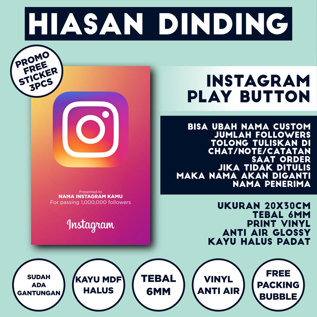 (BISA COD) INSTAGRAM PLAY BUTTON HIASAN DINDING BISA UBAH NAMA DAN FOLLOWERS FREE STIKER