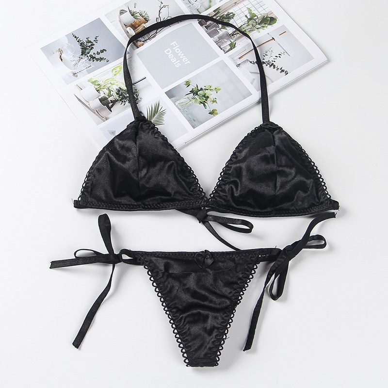 Sexy Lingerie Set Bra dan Thong Tali Satin Bikini Mini Malam 3B051