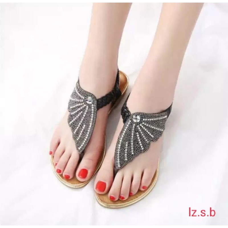 SANDAL JEPIT GLITTER GOLD WANITA SENDAL TALI PESTA SANTAI TEPLEK FLAT KELSEY MODEL IMPORT KOREA
