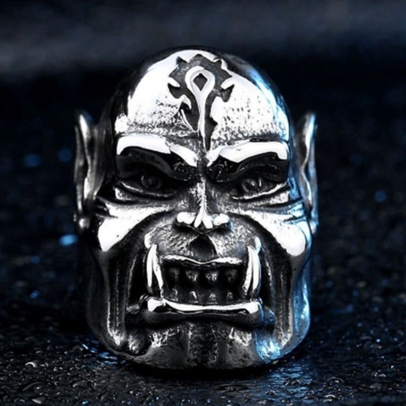 Cincin Kepala Orc World of Warcraft Pria, Retro Punk Ghost Head Ring Jewelry Ukuran 7-14XIANGXIAN