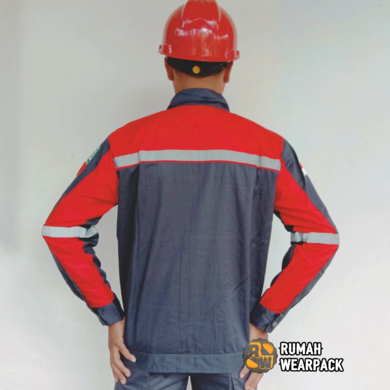 Baju Kerja/ Wearpack Proyek/ Seragam Kerja Atasan Warna Abu Tua Merah