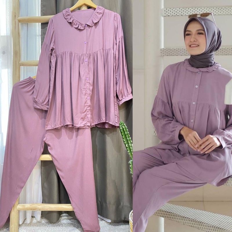 BEST SELLER | BISA COD | Daily set pejamas panjang premium busui - piyama lengan panjg rayon premium-Arabella lilac