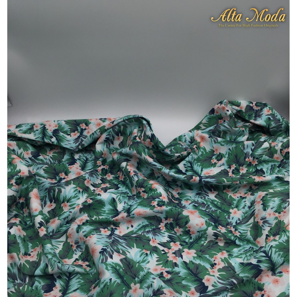 

Alta Moda Katun Motif Fancy Green Leaves Peach Flowers - Light Blue Kain Premium (1M)