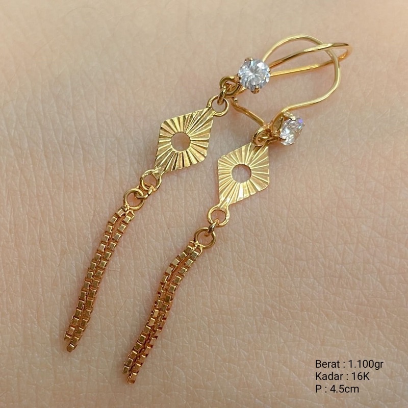 Perhiasan Emas Anting Hook Panjang Koncer Wajik 16k / 700