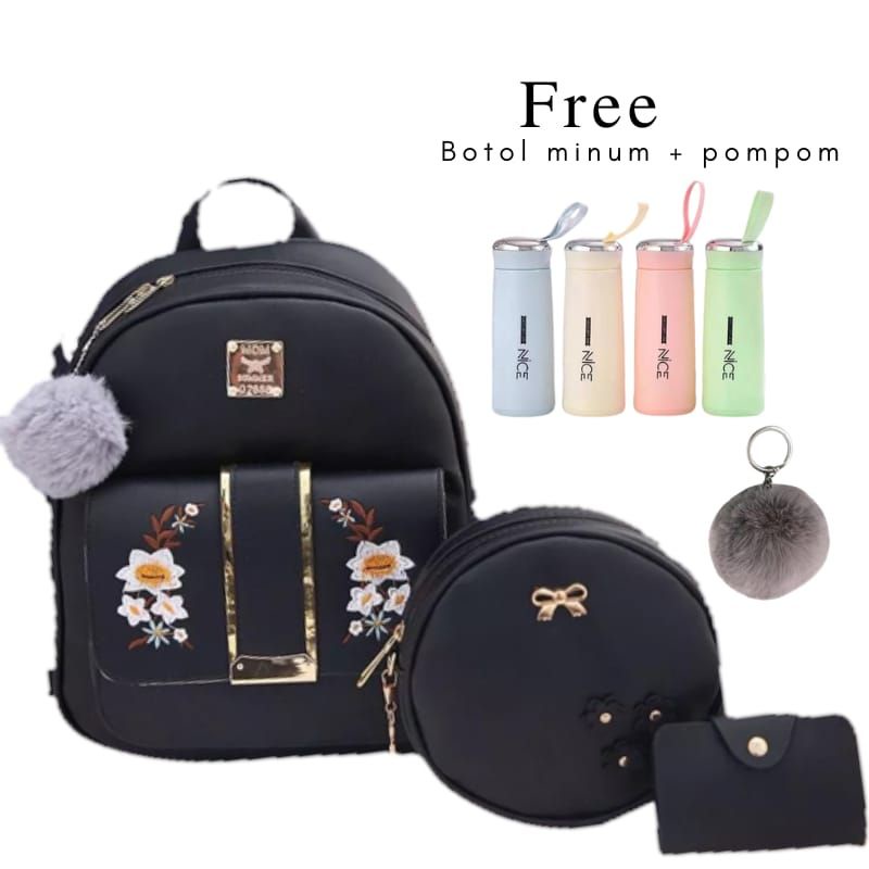 (COD)Backpack Golden Flower 3in1 Tas Ransel Ala Korea Termurah Ransel Kasual Wanita Tas Kulit Kualitas Tinggi