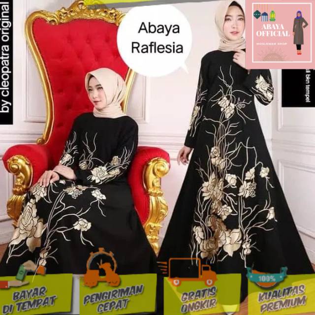 Abaya Bordir Raflesia Bahan Saudi Jetblack Syar'i / Abaya Hitam Arabian