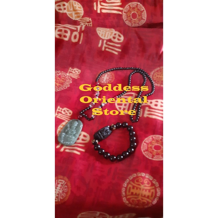Perhiasan jewelry kalung & gelang set Dewi Kwan Im Guan Yin giok hijau dan hitam untuk mendatangkan 
