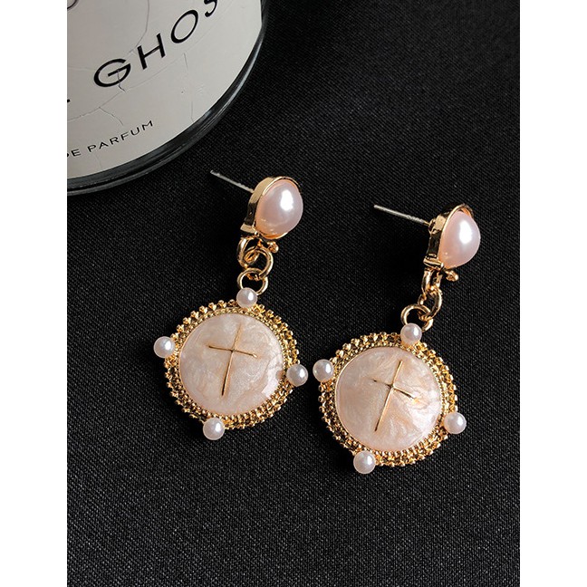 LRC Anting Tusuk Fashion Golden Pearl Drop Glaze Round Cross K51375