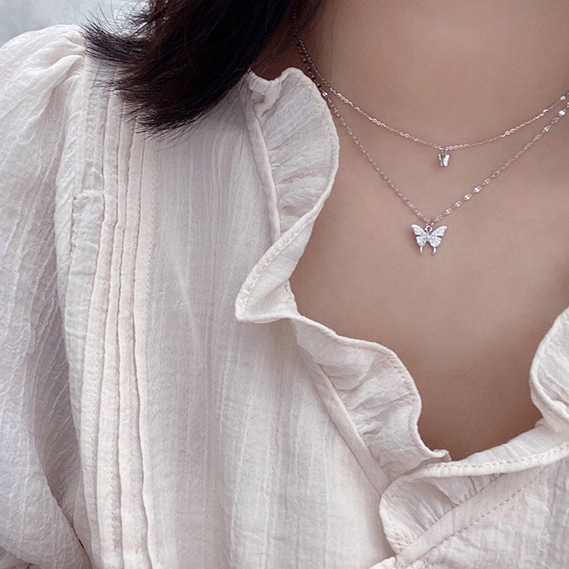 Elegant 925 Silver Shiny Butterfly Necklace Ladies Exquisite Double Layer Clavicle Chain Necklace Jewelry Jewelry Gift