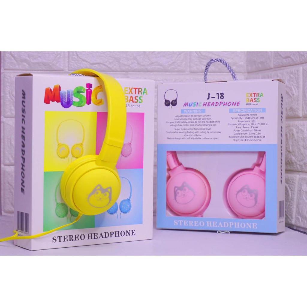 【READY】Headphone Macaron J-18 Extra Bass - Headset Gaming Cartoon J18