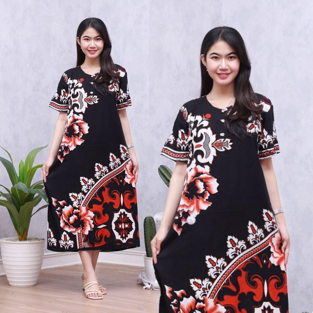 Daster Batik Lengan Pendek - Motif Daun - Leher Kancing (DPT001-133) Batik Prass-STELLA ORANGE