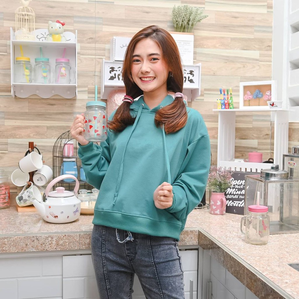 Hoodie Crop Bella - Allsize - Bahan Fleece - Wanita