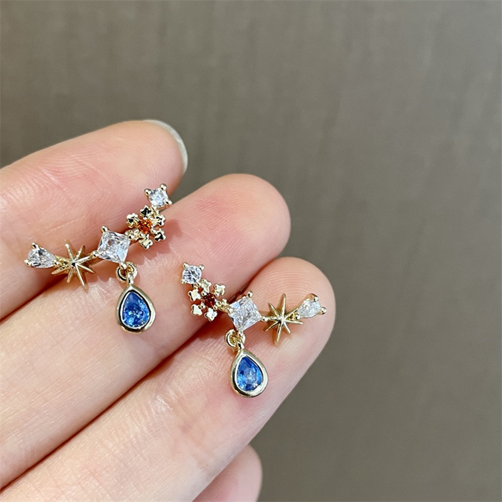 Hu Hu Hu Hu Hu Alat Bantu Pasang Kacamata♡ Kalung Wanita Bahan Tembaga Silver Aksen Zircon Bentuk Water Drop Warna Biru Gaya Vintage Untuk Musim Panas
