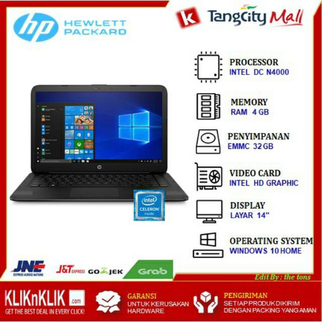LAPTOP HP, STREAM 14" INTEL DC N4000, RAM 4GB 32GB - EMMC, WINDOWS 10 ji