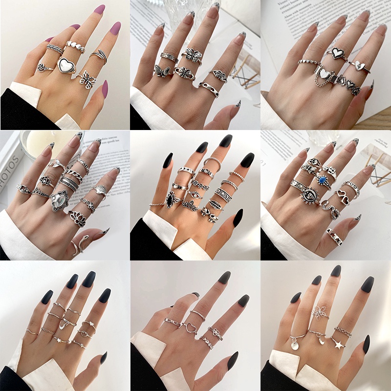 YEEZII Set Cincin Rantai Desain Hati Kupu-Kupu Aksen Mutiara Gaya Retro Untuk Wanita