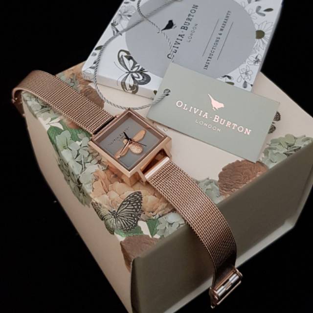750rb (d 22mm) Olivia Burton Square Dial 3D Bee Grey Dial rosegold Mesh ORIGINAL RESMI include box n