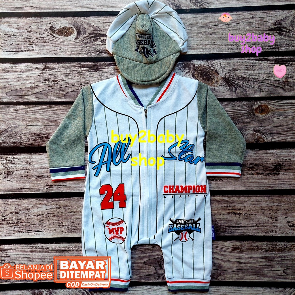 Set Jumper baju kodok bayi plus topi motif Sport Kruffy Baby usia 3-6 Bulan