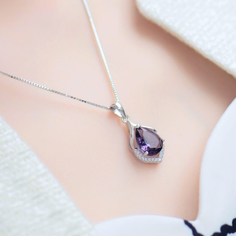 [Ready Stock]Fashion Plated 925 Silver Necklace Amethyst Pendant