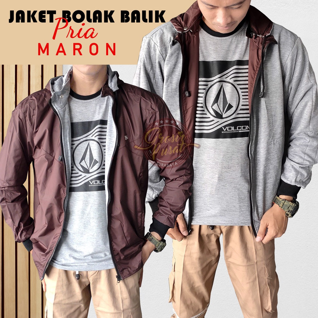 Jaket Bolak - Balik Maroon Parasut Fleece 2 In 1 Hoodie