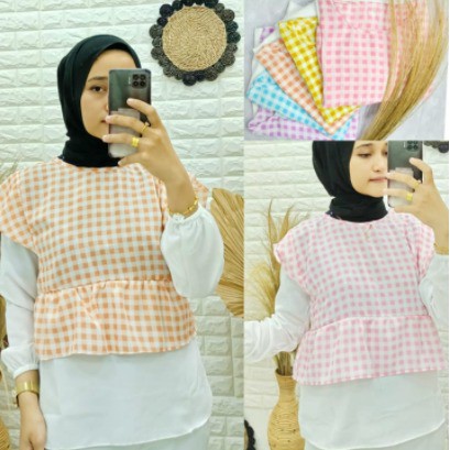 Tiara gingham top kombinasi / 2tone gingham shirt / atasan wanita cantik